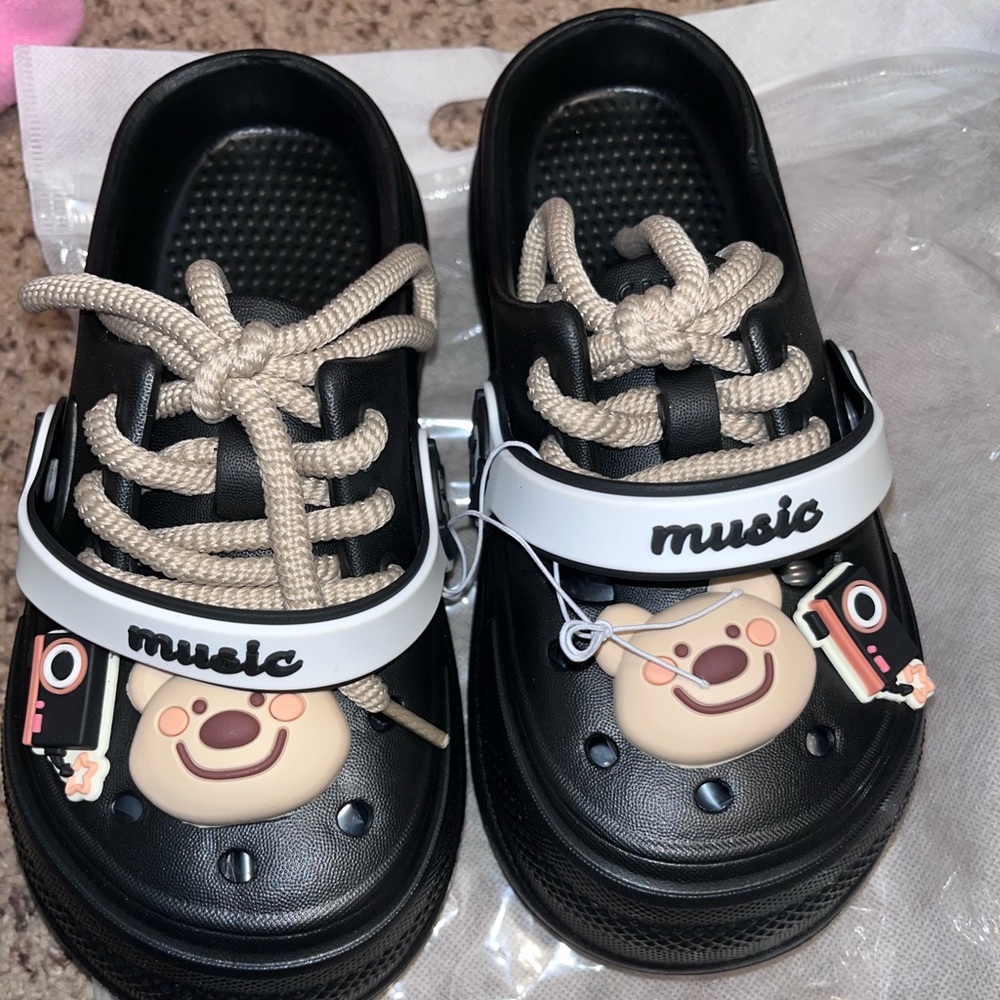 Black Kids Sandals with White Music Strap and Beige Laces